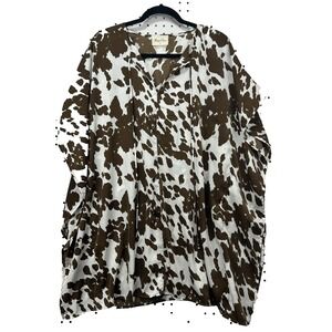 Tyche Cow Print Blouse Womens Small Brown White Western Boho Oversized Tunic Top